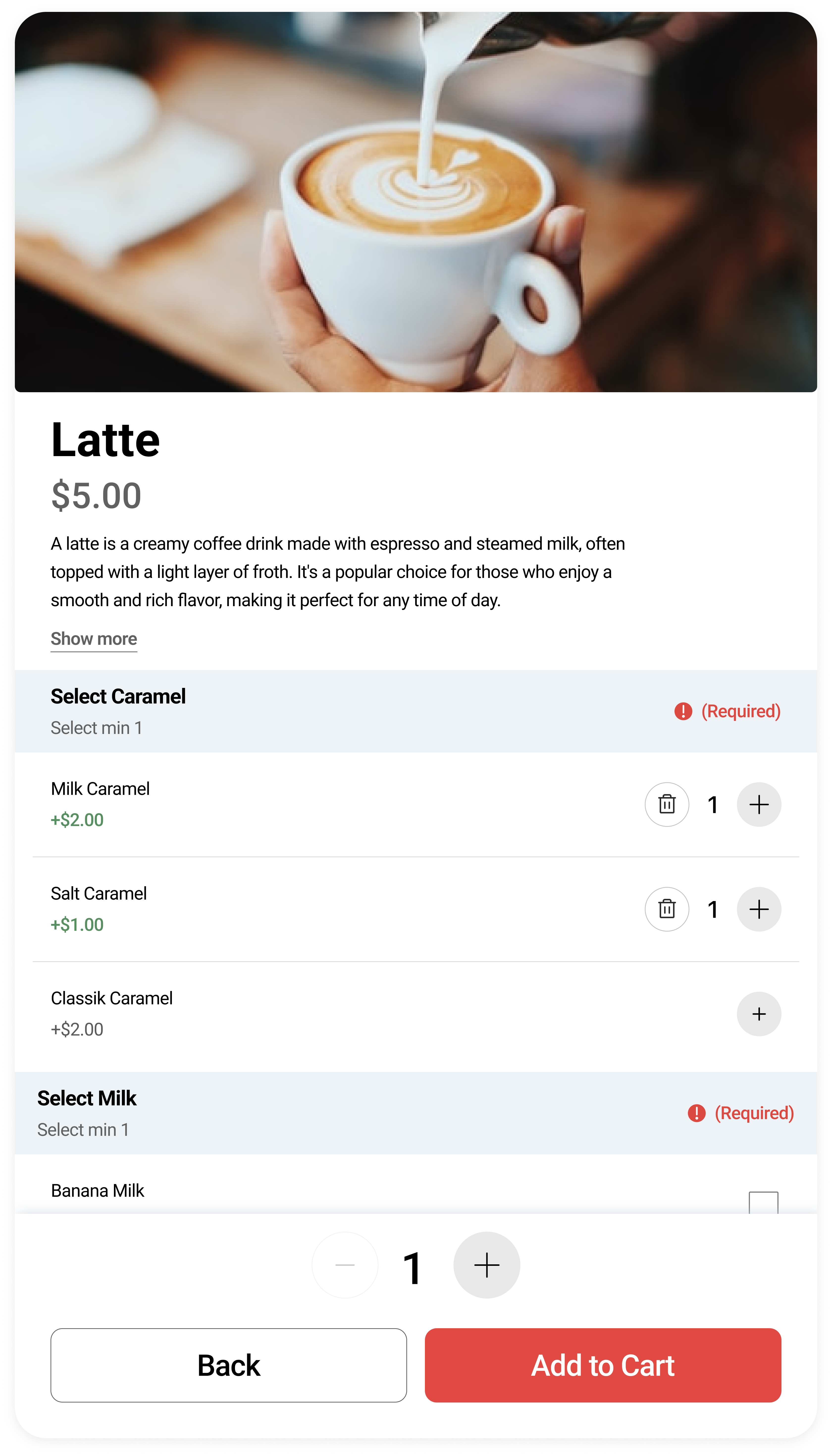 Product page with required field validation error